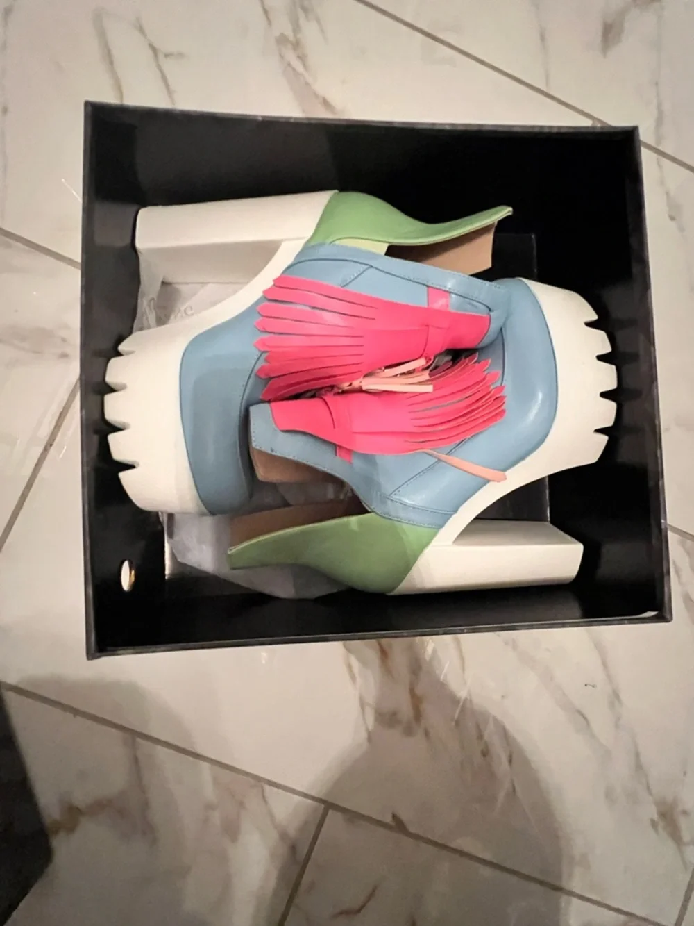 White Platform Heeled Sandals with Blue and Pink Accents